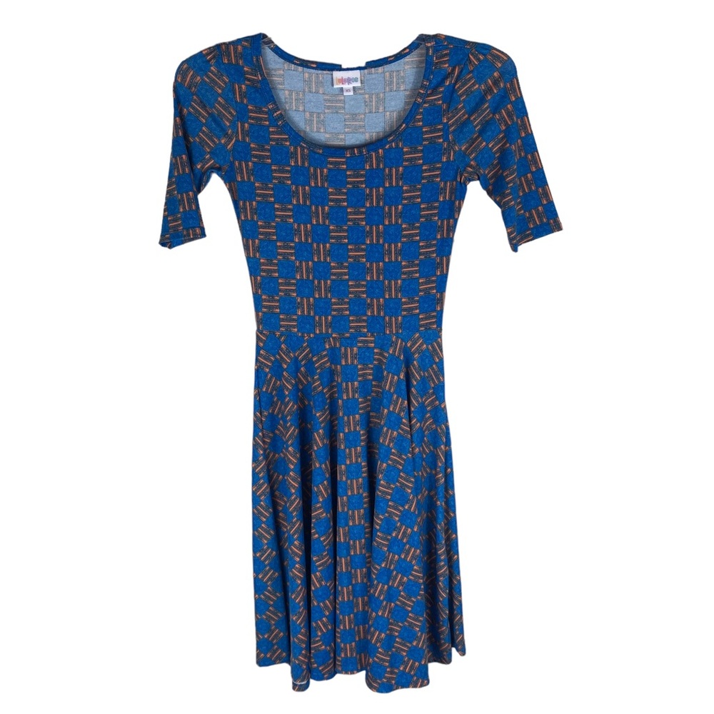 Lularoe Nicole Blue and Orange Checkered Dress Sz XS